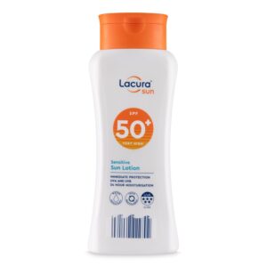 Shop Lacura Sun SPF 50+ Sensitive Sun Lotion at My Beauty Nook Ghana. A high-protection sunscreen for sensitive skin, enriched with soothing ingredients.