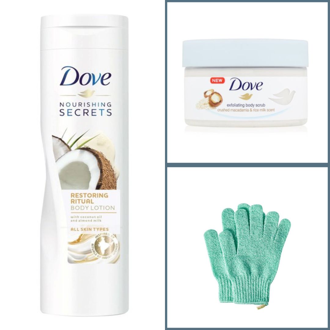 Dove Glow Ritual Set with body scrub, lotion, and exfoliating glove